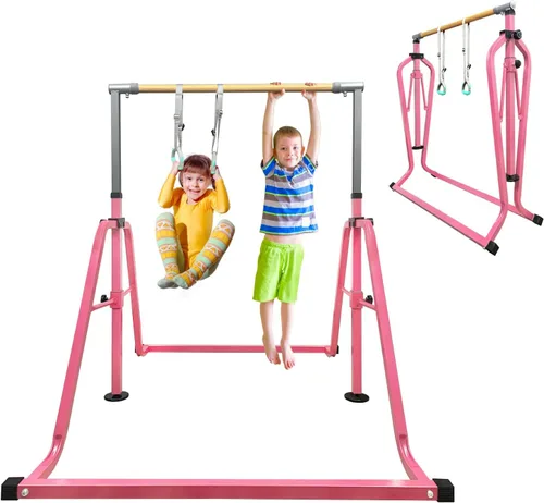 Miniatura 18 de GLANT Barra de gimnasia para niños con juego de anillos, 7 alturas ajustables, fácil de plegar, barra de entrenamiento de gimnasia para niños