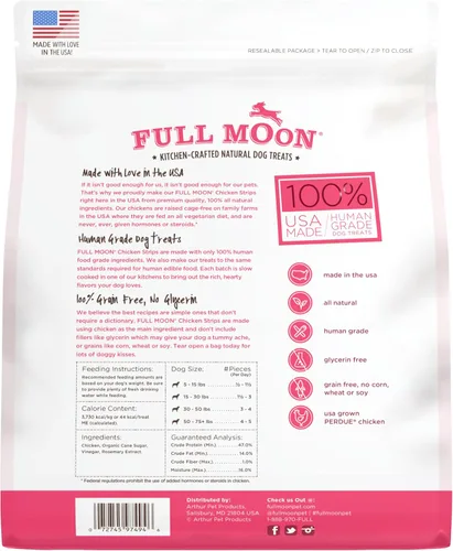 Miniatura 2 de Full Moon Tiras de Pollo, Golosinas Naturales y Saludables para Perros de Grado Humano, Sin Granos, Hechas en Estados Unidos, 0.68 Kilogramos