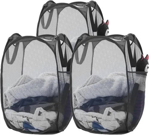 Miniatura 29 de TECHMILLY Cesta plegable de malla para la ropa sucia con asas resistentes y bolsillo lateral, cestas plegables portátiles para ropa para dormitorio