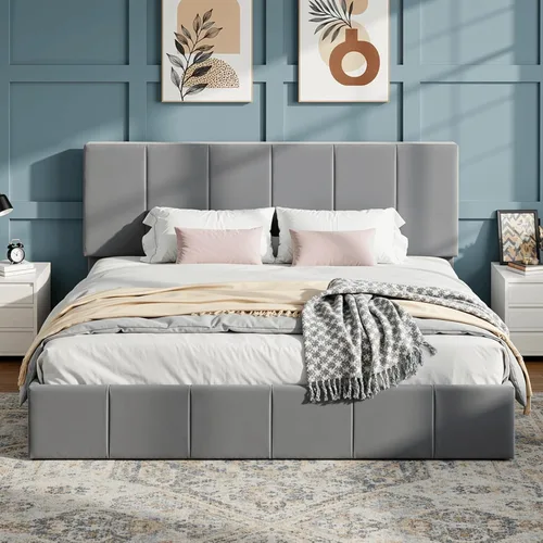 Miniatura 10 de SHA CERLIN Marco de cama tamaño queen, cama de plataforma tapizada en terciopelo holandés, cabecera ajustable con canales verticales acolchados