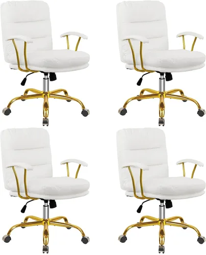 Miniatura 16 de KLASIKA Silla de escritorio de cuero para oficina en casa, silla de tocador de respaldo medio, silla de maquillaje con ruedas doradas y reposabrazos
