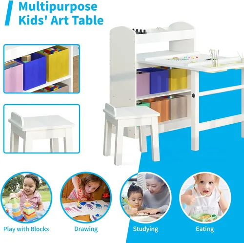 Miniatura 6 de Mjkone Juego de mesa de arte y 2 sillas para niños, juego de mesa de madera para niños con almacenamiento de suministros, contenedores de lona