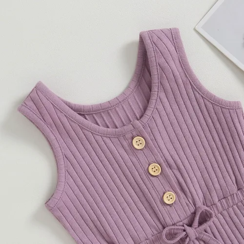 Miniatura 5 de TheFound Mameluco de verano para niña pequeña, ropa acanalada, overol con botones, 0-5T
