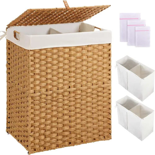 Miniatura 15 de Greenstell Cesta para la ropa sucia con 2 bolsas de forro extraíbles – Cesta de ropa dividida de 90 L, cesta de lavandería plegable de ratán Gris