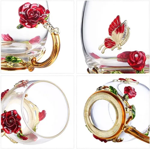 Miniatura 7 de Luka Tech - Tazas de café de vidrio sin plomo con mariposa y flores esmaltadas, taza de té con cuchara de acero, regalos personalizados para Rosa