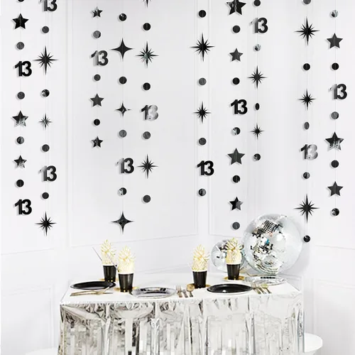 Miniatura 4 de Decoraciones Negras de Cumpleaños Número 13 Círculo Punto Estrella Centelleante Guirnalda Serpentina Colgante Metálica Banderín Banner Telón de Negro