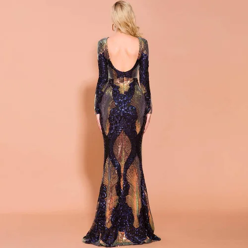 Miniatura 6 de Lin Lin Q Women's Formal Sequin Evening Maxi Mermaid Dress, Long Sleeve Backless Gowns