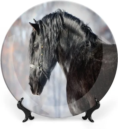 Miniatura 9 de XISUNYA Plato decorativo de 6 pulgadas, plato de cena de decoración de caballo, galope de semental friesio negro en puesta de sol tormentoso, placa