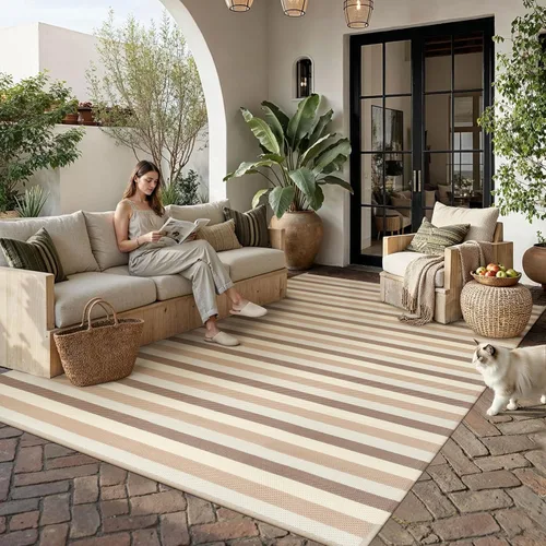 Miniatura 19 de PureCozy Alfombra de paja de plástico para exteriores, color negro, beige, grande, impermeable, para patio, 5 x 8 pulgadas, geométrica, reversible
