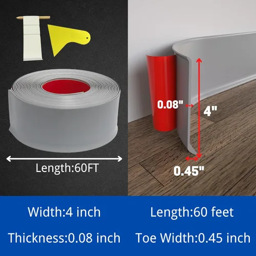 Miniatura 2 de COUKIU Moldura Flexible para Zócalo, 4 Pulgadas x 60 Pies Base de Pared de Vinilo Autoadhesivo Base Cove, Moldura de Base de Pared de Goma Despegar