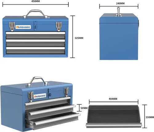 Miniatura 2 de LARBANKE Caja de herramientas de metal, caja de herramientas de 3 cajones con bandeja de almacenamiento superior, caja de herramientas portátil