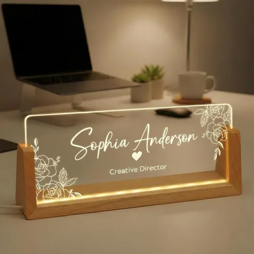 Noni Placa de identificación LED personalizada para escritorio, placa de identificación de escritorio de acrílico iluminada con base de madera,