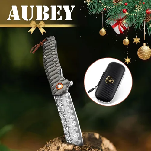 Miniatura 8 de Cuchillo de bolsillo AUBEY de Damasco, hoja de acero de Damasco de 3.34" con molino hueco, cuchillo plegable con rodamiento de bola, mango