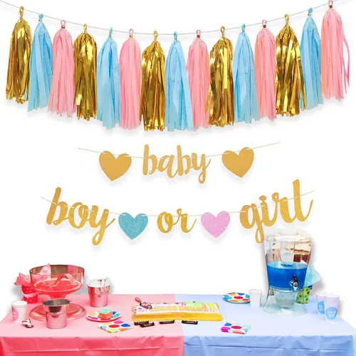 Miniatura 6 de Decoraciones de revelación de género para bebés, pancarta brillante para bebés y niños o niñas con borlas de papel de seda rosa y azul