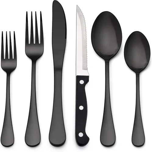 Miniatura 7 de LIANYU Juego de cubiertos negros de 36 piezas con cuchillos para carne, cubiertos de acero inoxidable para 6, utensilios de cocina modernos, acabado