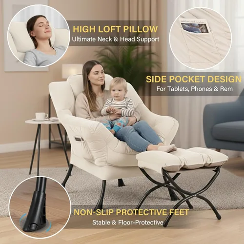 Miniatura 4 de Silla perezosa con otomana, silla de descanso moderna y grande con reposabrazos y bolsillo lateral, sillón tapizado de ocio con silla de lectura