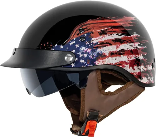VCAN Cruiser - Casco de motocicleta de media cara con visera abatible, pico extraíble y hebilla de liberación rápida Bandera negra brillante