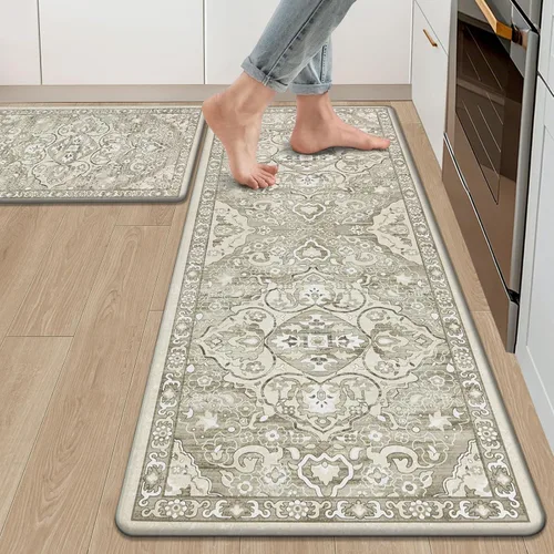 Miniatura 18 de Ileading Juego de 2 tapetes de cocina antifatiga, acolchados para piso, impermeables, antideslizantes, cómodos para cocina, oficina, fregadero, Gris