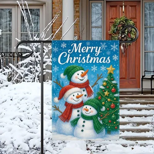 Miniatura 3 de Bandera de jardín de Navidad ActFirst de 12 x 18 pulgadas, bandera de muñeco de nieve de familia de Navidad Feliz con árbol, pequeña decoración