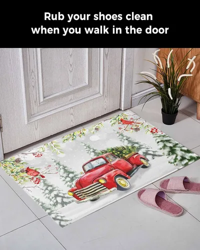 Miniatura 3 de Alfombra de baño esponjosa para camión rojo, cardenal de Navidad, antideslizante, alfombra suave para piso, árbol de Navidad, conos de pino, nieve