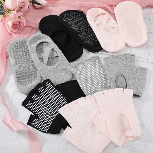 Miniatura 7 de Shihanee 6 pares de guantes de yoga antideslizantes para pilates, con agarre para mujer, guantes de silicona con agarre de puntos, calcetines sin