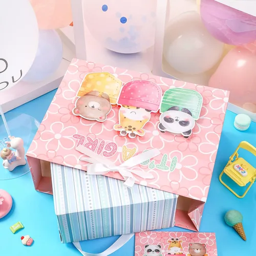 Miniatura 8 de Loveinside Bolsa de regalo para niña con diseño de animales rosados con papel de seda y tarjeta de felicitación para baby shower, nuevos padres