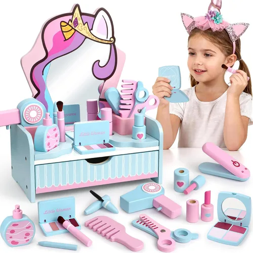 Atoylink Juego de tocador de maquillaje de madera para niñas, juguetes de mesa para niños con espejo, cajón, juego de peluquería y accesorios de