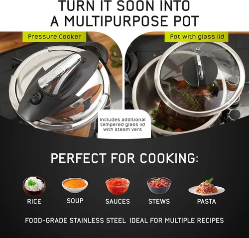 Miniatura 4 de Universal Olla a presión pequeña de acero inoxidable (4.2 cuartos de galón / 4 litros) de fácil uso + tapa de vidrio extra, 5 porciones, compatible