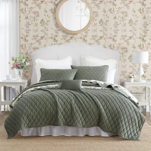 Laura Ashley - Juego de edredón Queen, ropa de cama reversible de terciopelo sólido, decoración del hogar para todas las estaciones con fundas