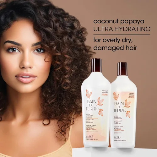 Miniatura 4 de Bain de Terre Champú ultra hidratante de papaya de coco, para eliminar la humedad para cabello seco y dañado, con aceites de argán y monoi, sin