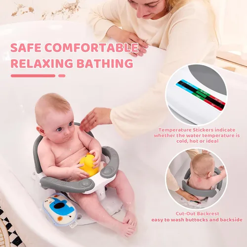 Miniatura 4 de Asiento de Baño para Bebés de 6 Meses y Más, Asiento de Baño Infantil con Alerta de Temperatura+Respaldo Abierto+Brazos Activables/Desactivables