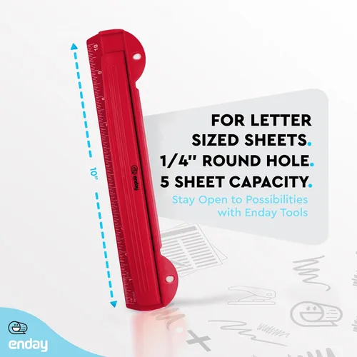 Miniatura 5 de Perforadora de 3 agujeros roja, perforadora portátil para carpeta de 3 anillos, capacidad para 3 hojas, bandeja para astillas removible, regla de 25