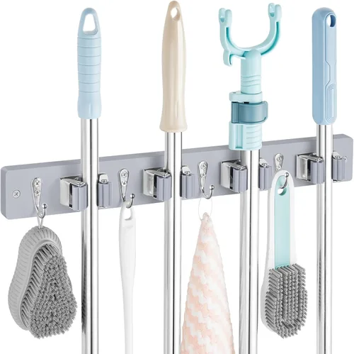 Miniatura 17 de OUTNILI Soporte de Pared Negro para Escoba y Trapeador con 4 Ranuras y 4 Ganchos - Colgador de Escoba y Trapeador de Madera Rústica para Despensa