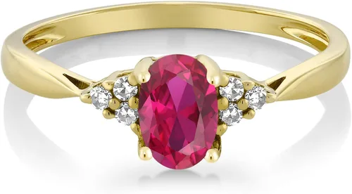 Miniatura 2 de Gem Stone King Anillo de compromiso para mujer de oro amarillo de 14 quilates con rubí y diamantes creados
