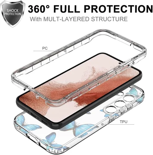 Miniatura 3 de Funda para Galaxy S23, Samsung S23 con protector de pantalla de vidrio templado, patrón de mariposa transparente de cuerpo completo, funda