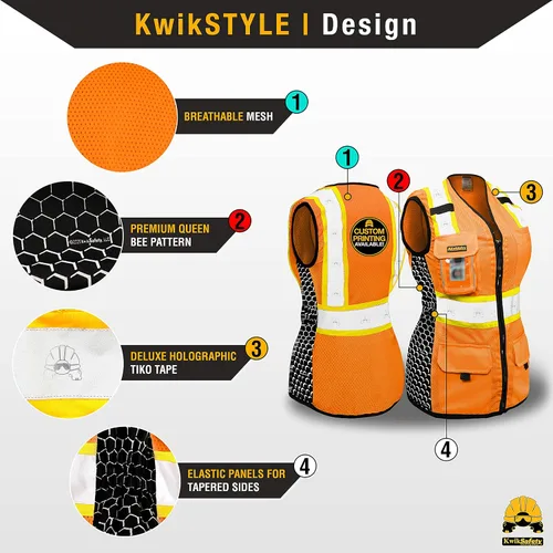 Miniatura 2 de KwikSafety QUEEN BEE - Chaleco de seguridad para mujer [naranja, XL] + paquete de casco duro de ala completa TORTOISE