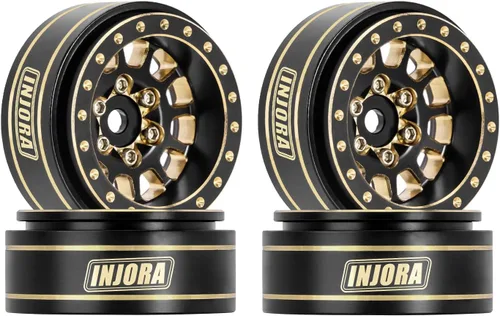 INJORA 1.0 Plus Llantas de rueda Beadlock de latón 4 piezas 12-radios para TRX4M SCX24 FCX24 1/24 1/18 RC Crawler, 42g/pieza (Negro y Oro)