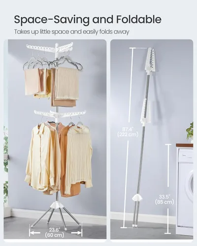 Miniatura 50 de SONGMICS ULLR510B01 - Estante de secado de ropa plegable de 59 pulgadas con 3 brazos giratorios para perchas, 4 patas, acero inoxidable, para 27