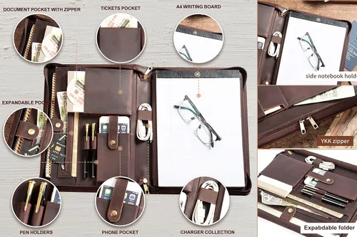 Miniatura 4 de AZXCG Portafolio de cuero para hombre, hecho a mano, con cremallera, organizador de documentos de negocios para cuaderno tamaño carta A4, funda