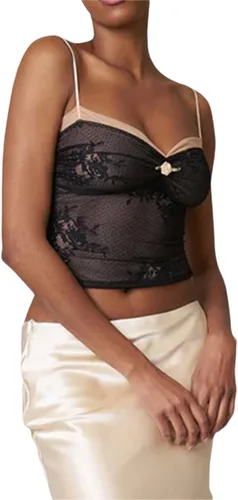 Miniatura 2 de RUEWEY Camiseta sin mangas con estampado floral para mujer, con ribete de encaje, lazo frontal, ajustada