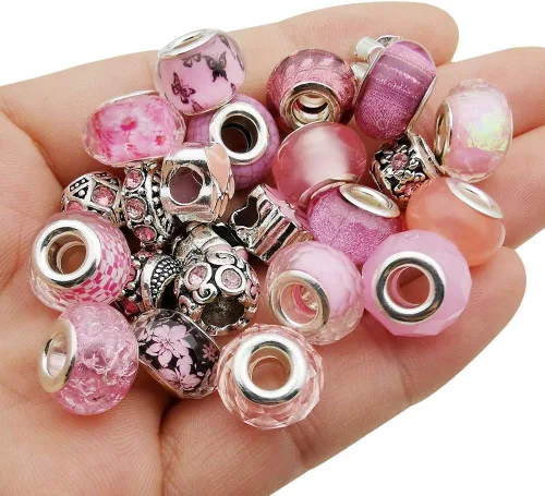 Miniatura 10 de 55 piezas surtidas de cuentas con agujeros grandes de aleación europea, cuentas con separadores metálicos para manualidades, pulseras, collares