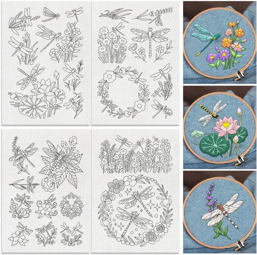 26 estabilizadores de costura a mano solubles en agua, libélulas en flores, 8.3 x 11.7 pulgadas, estabilizador de patrón de bordado floral de