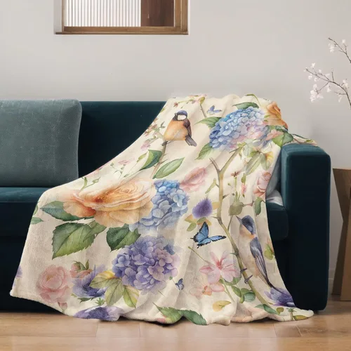 Miniatura 3 de Manta ligera de pájaros y mariposas, regalos para amantes de la naturaleza, manta de franela con rosa colorida y hortensias impresas para sofá