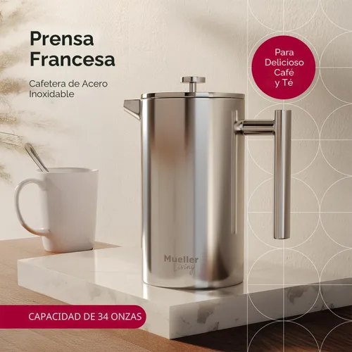 Miniatura 2 de Prensa francesa de doble pared, de acero inoxidable, con acabado de espejo (34 oz) 20% más resistente para café/té: Sistema multipantalla 100% sin