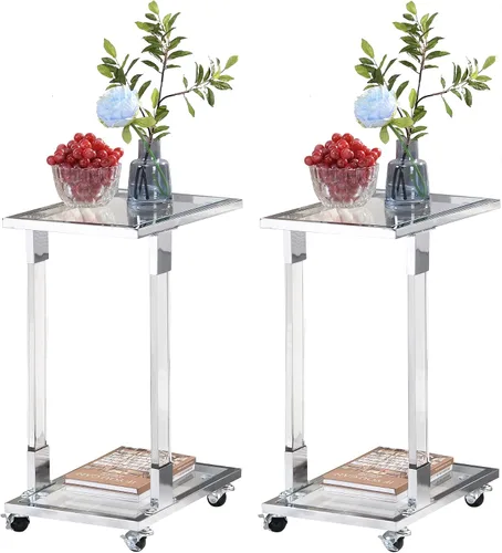 Miniatura 8 de Mesa auxiliar de cristal plateado, mesas auxiliares cromadas en forma de C con ruedas móviles, mesa acrílica, mesa C deslizante, debajo del sofá