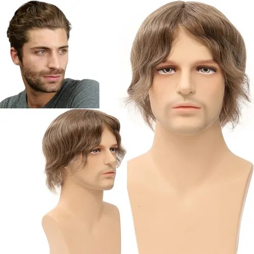 Miniatura 23 de Toupee de piel fina suave de 0.002 in PU 10x8 pulgadas reemplazo de cabello para hombres postizo 100% europeo piezas de cabello humano para hombre