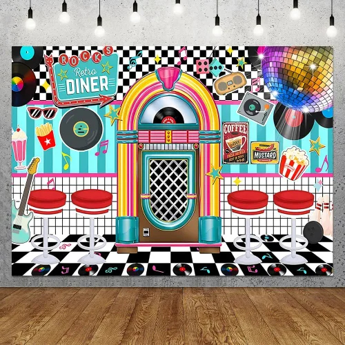 Fondo de fiesta retro de los años 50 de 7 x 5 pies, decoración de Rock and Roll Sock Hop de los años 50, fondo de fotografía, accesorios para cabina