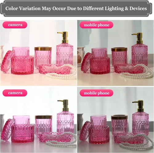 Miniatura 7 de Juego de accesorios de baño rosa intenso de vidrio 5 piezas, juego de baño rosa intenso, juego de dispensador de jabón y soporte para cepillo