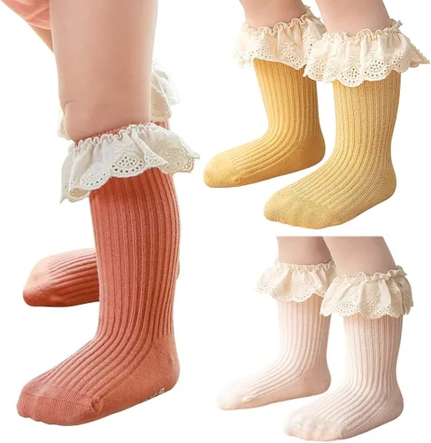 Miniatura 8 de HOUSEYUAN Calcetines largos con volantes hasta la rodilla para bebé niña pequeña calcetines de princesa lindos con volantes vestido de bebé
