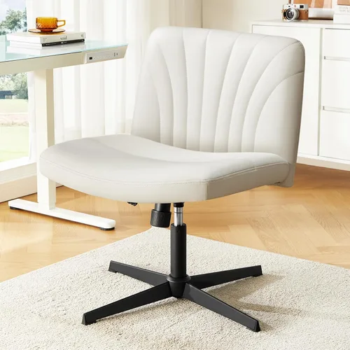 Miniatura 8 de Marsail Silla Cruzada con Ruedas: Silla de Oficina de Cuero PU con Patas Cruzadas, Silla de Escritorio Ancha sin Brazos, Silla Giratoria de Altura
